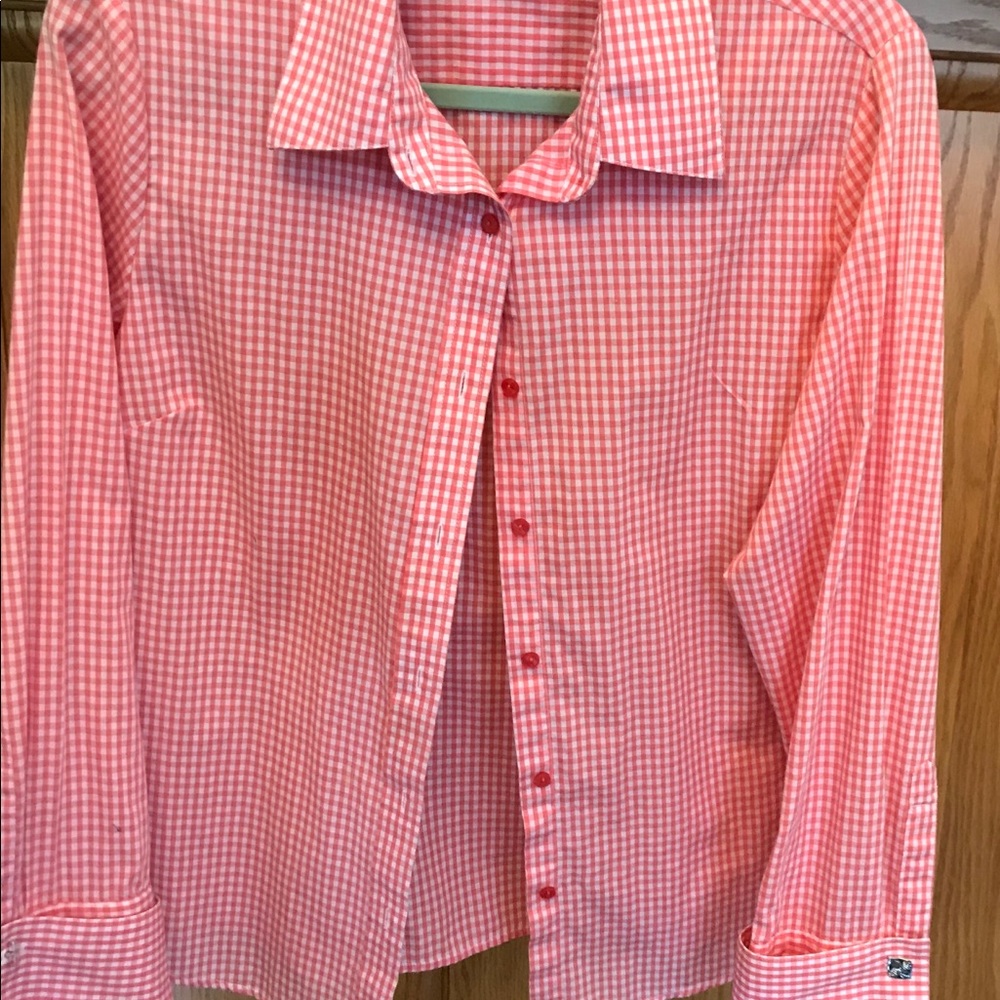 NEW coral checkered blouse L with cuffs❤️